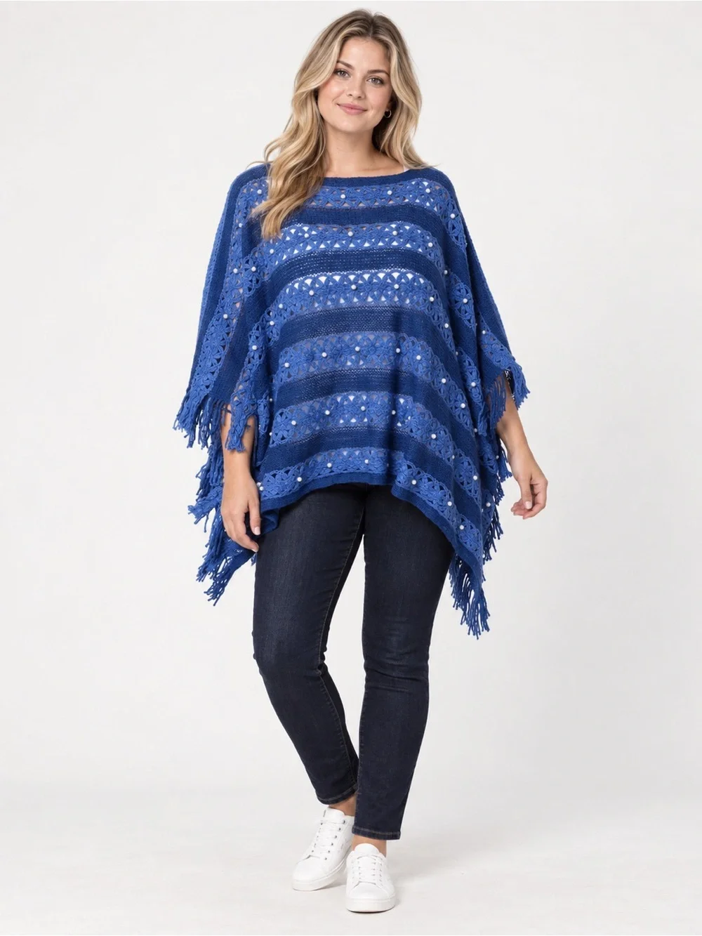 Blue Gray Stripe Knit Poncho Fringe Faux Pearl One Size Acrylic